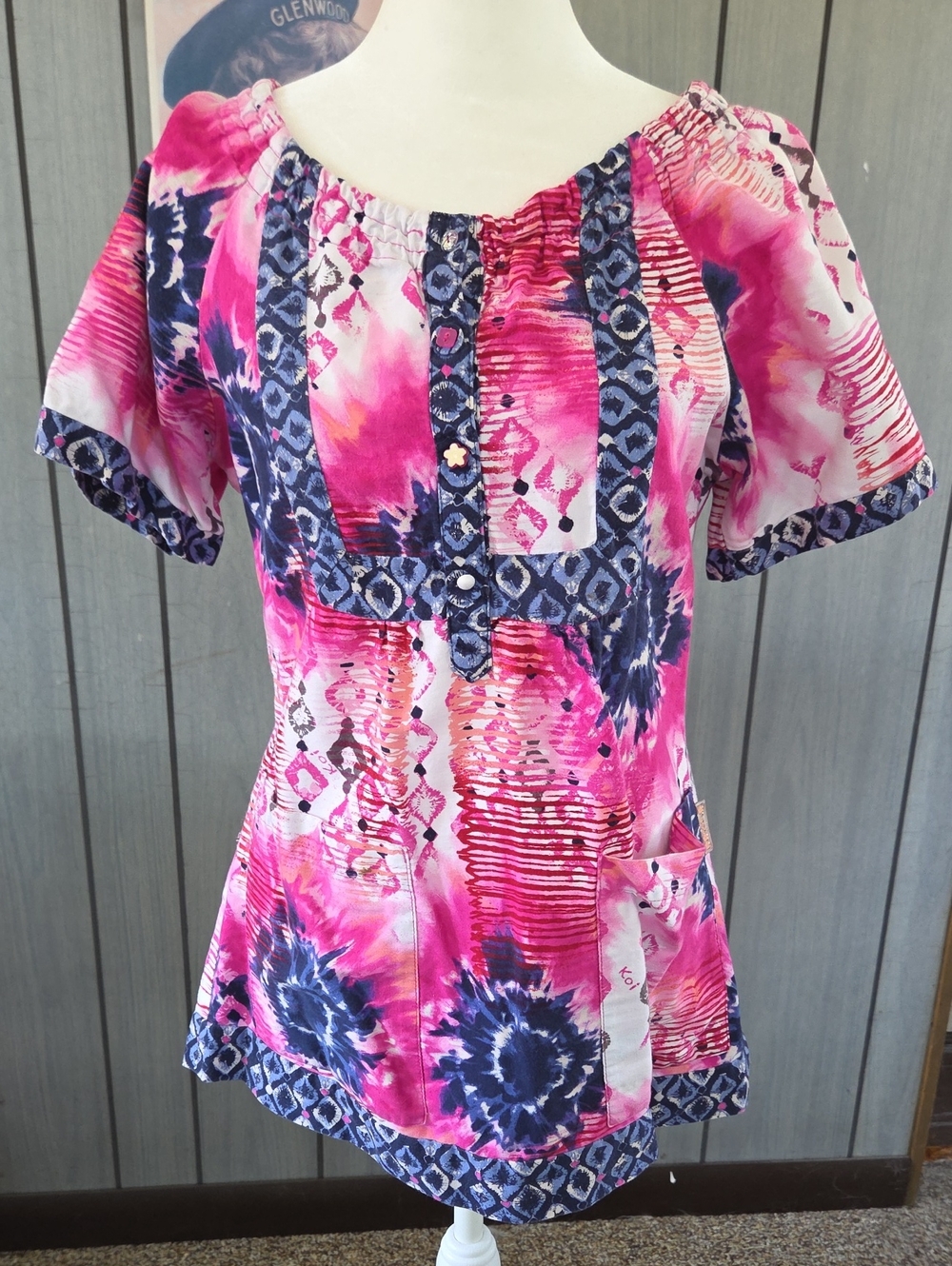 Koi Pink Tie-Dye Pattern Scrub Top